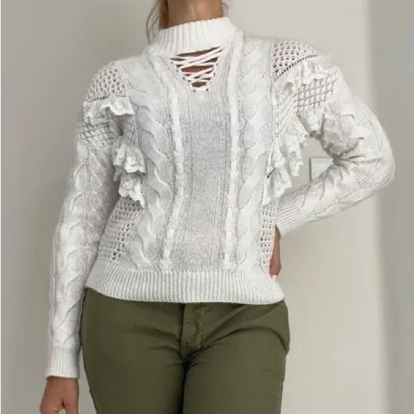 Torn by Ronny Kobo Sweaters - Torn by Ronny Kobo white lace up ruffle sweater
